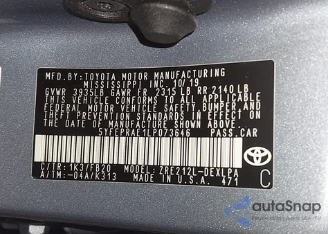 2020 Toyota Corolla Le from USA, damaged, VIN 5YFEPRAE1LP073646